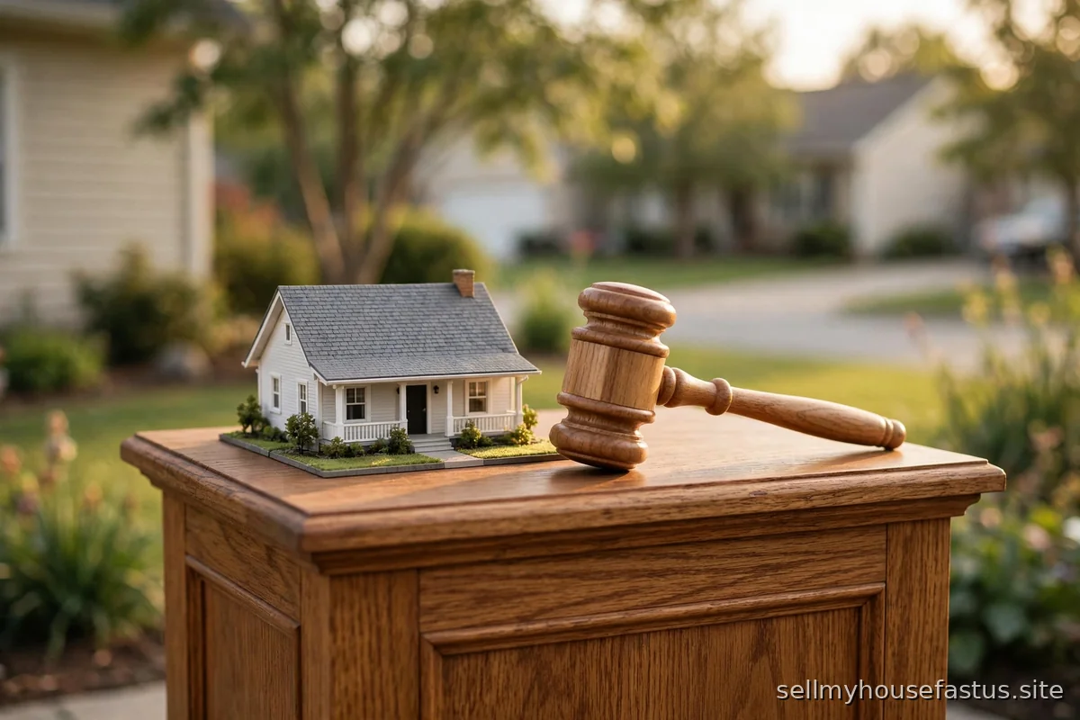 A wooden auction gavel rests beside a miniature house on a podium outdoors.