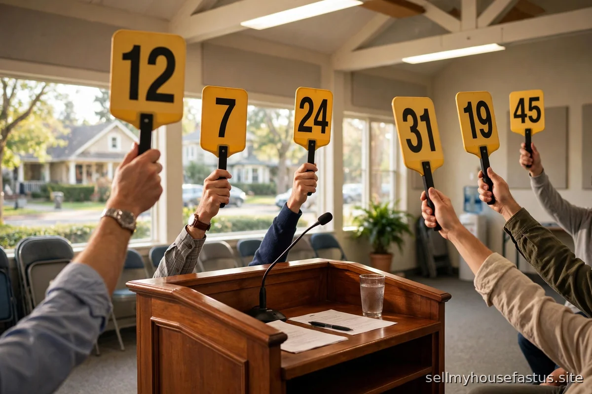Bidders raise numbered auction paddles around an auctioneer podium in a bright hall.