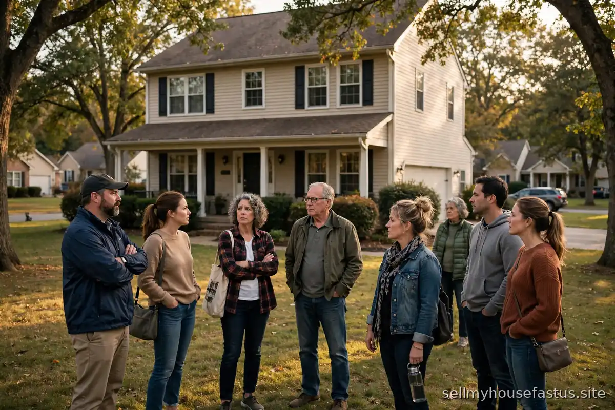 A small crowd gathers on the lawn in front of a house during an on-site property auction.