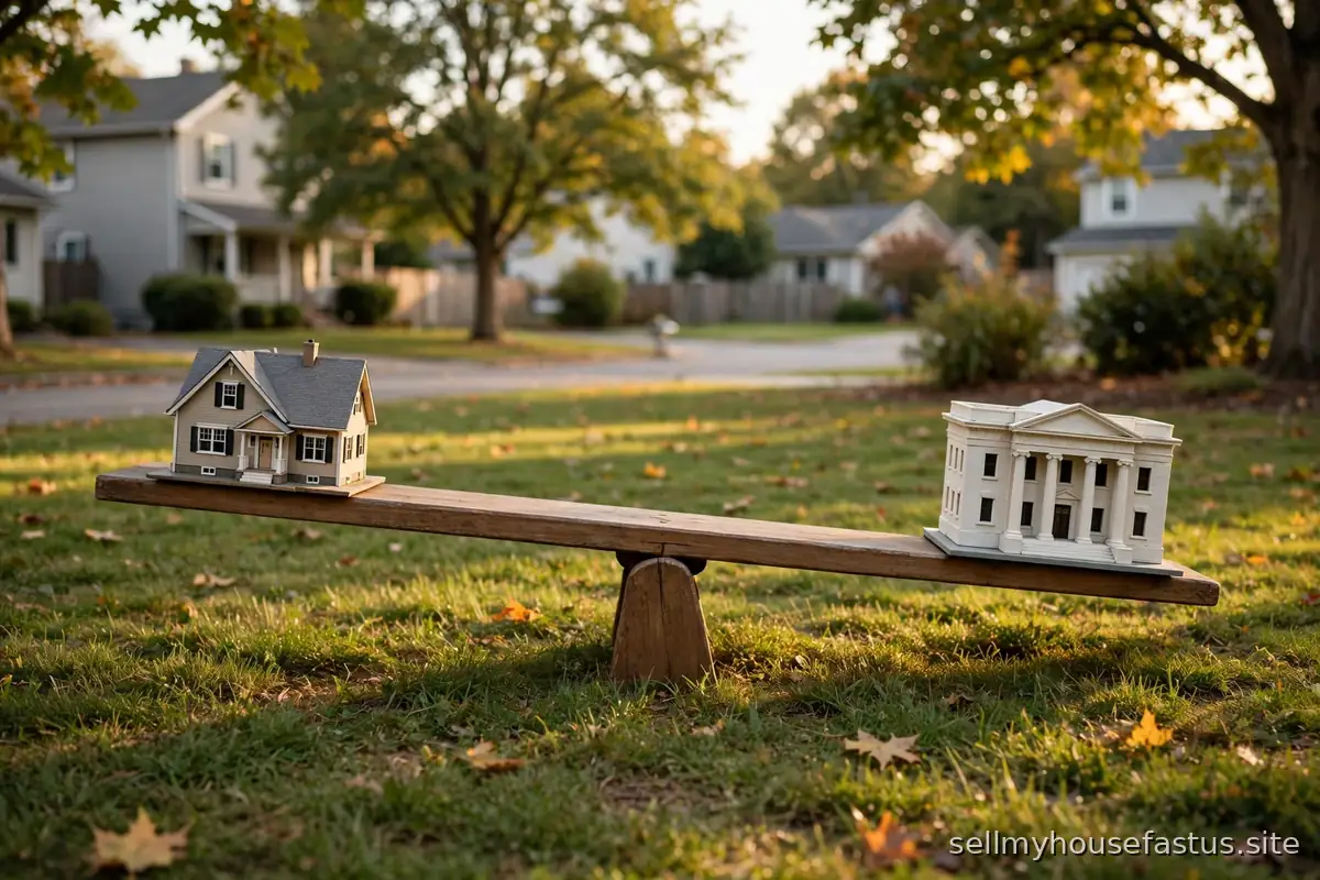 A seesaw balances a miniature house against a model bank building.